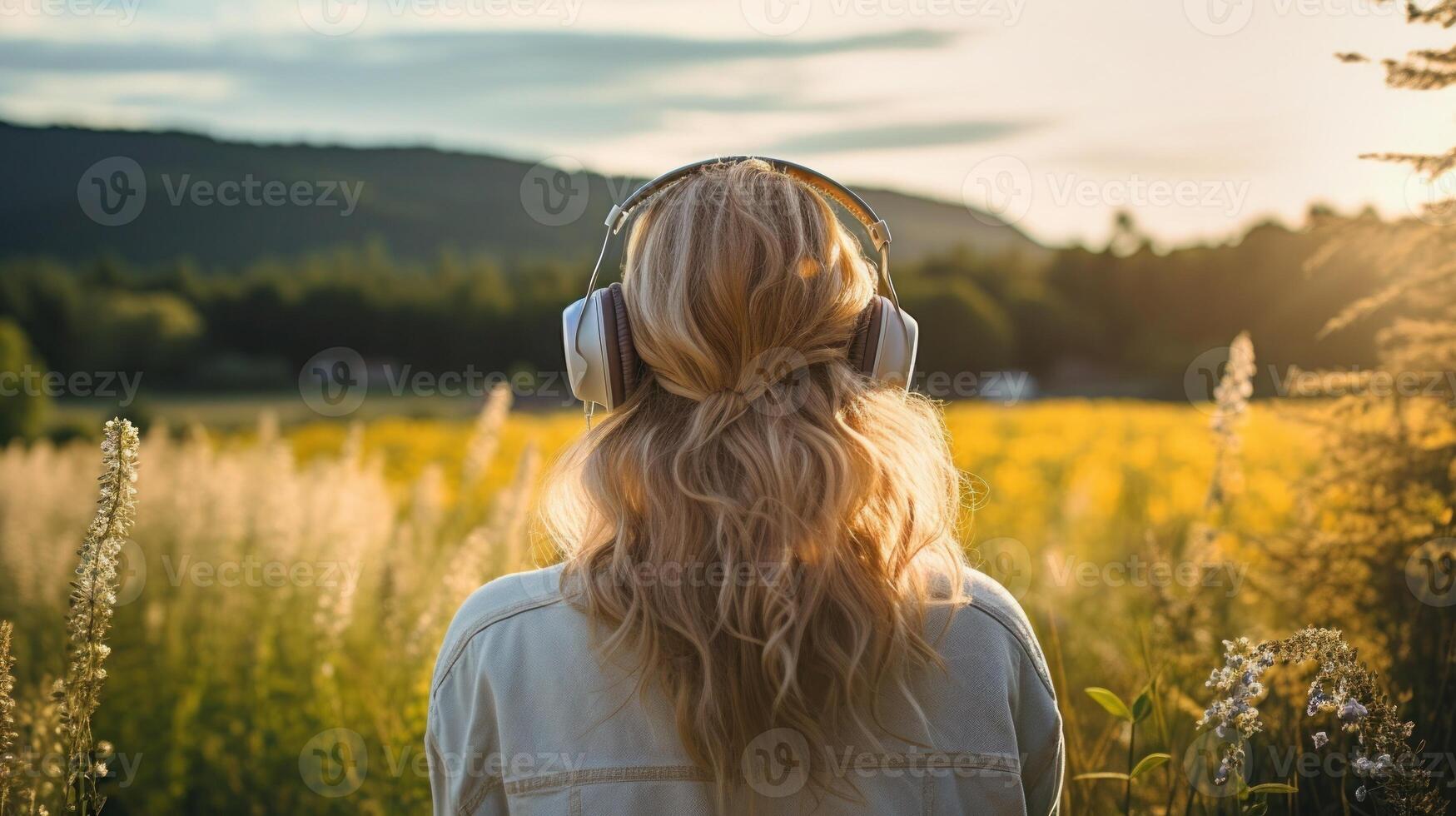 AI generated Music therapy, harmony, mental health concept. Pretty young woman enjoying music with headphones outdoors. Woman wearing headphones enjoying music and good vibes photo