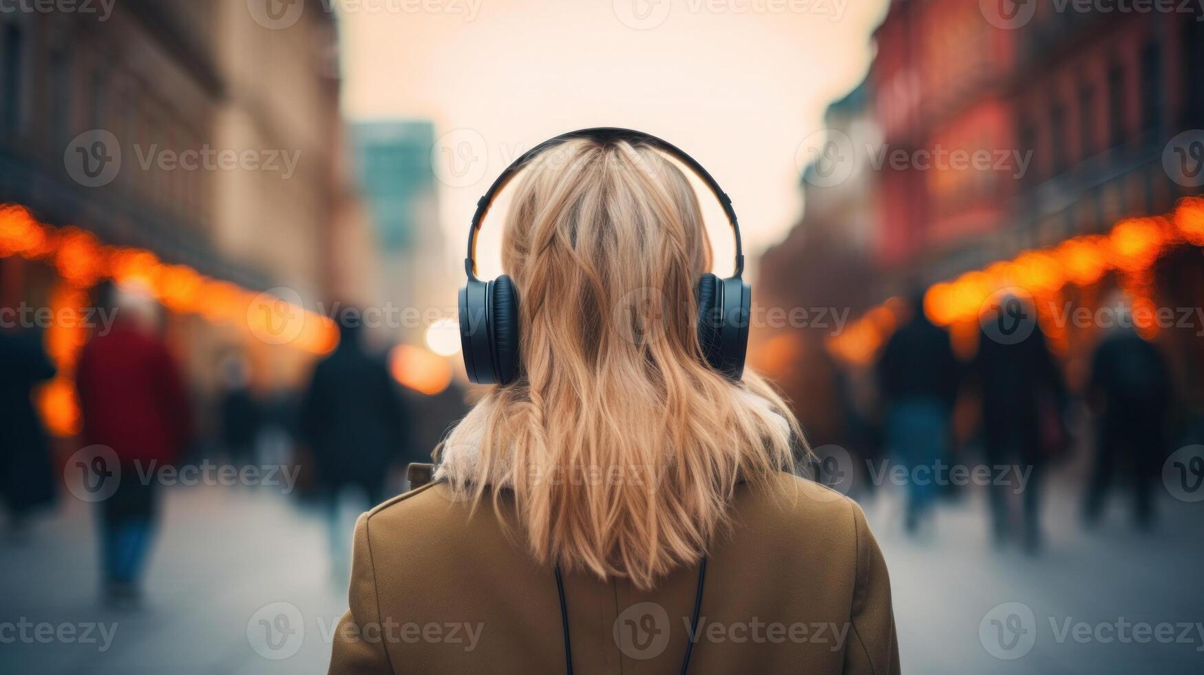 AI generated Music therapy, harmony, mental health concept. Pretty young woman enjoying music with headphones outdoors. Woman wearing headphones enjoying music and good vibes photo