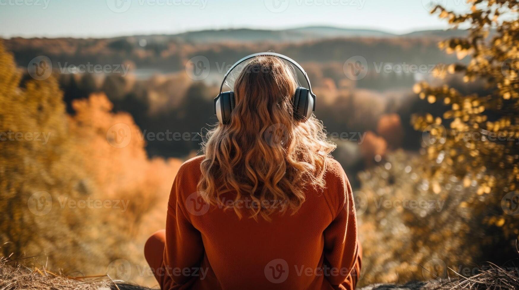 AI generated Music therapy, harmony, mental health concept. Pretty young woman enjoying music with headphones outdoors. Woman wearing headphones enjoying music and good vibes photo