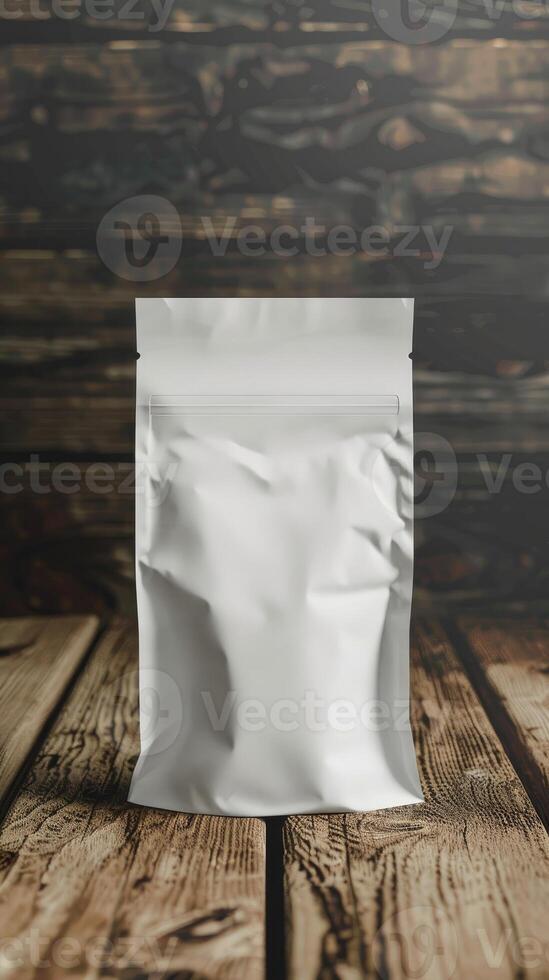 AI generated white packaging bag mockup, on a wooden table photo