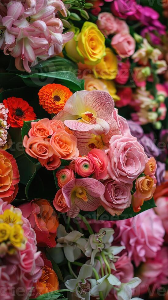 AI generated bouquet of fresh colorful flowers on display photo