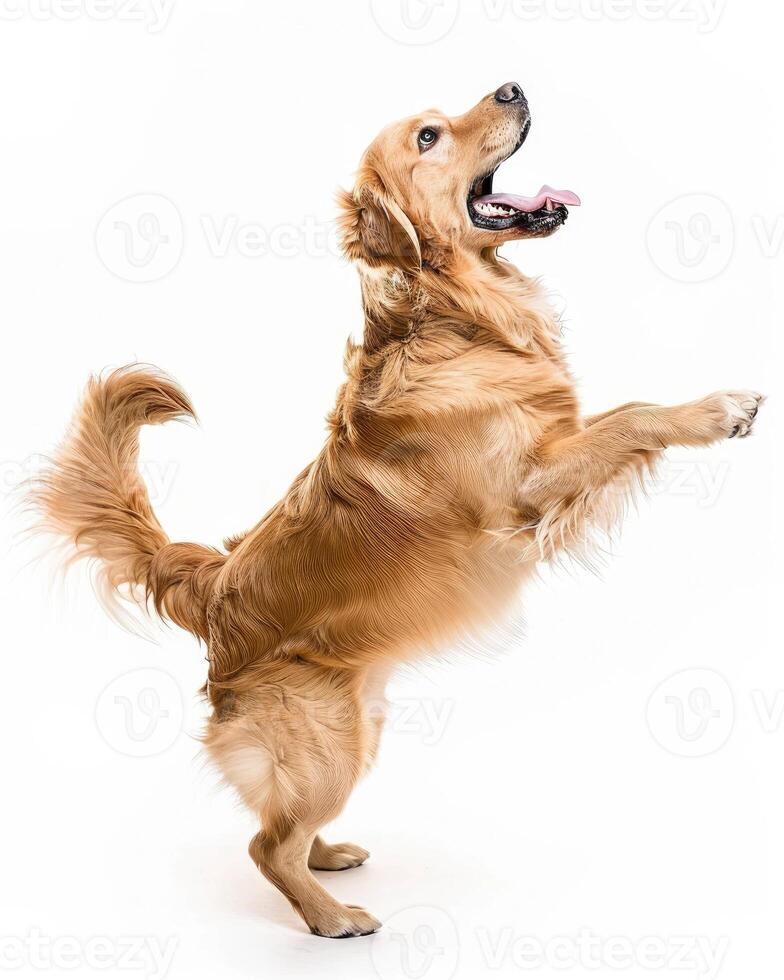 AI generated a playful dog standing on its hind legs on white background photo