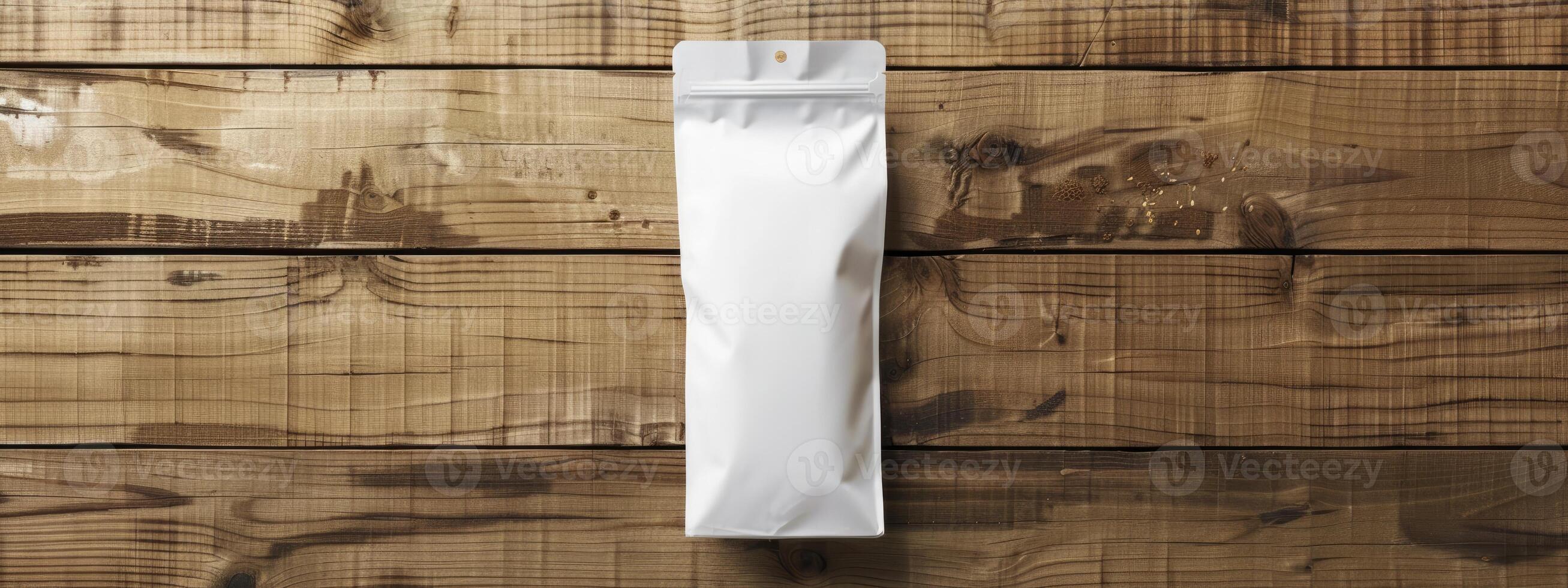 AI generated white packaging bag mockup, on a wooden table photo