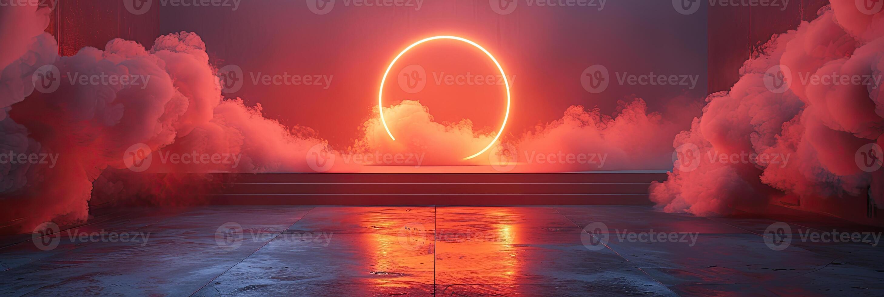 AI generated Smoky entrance with neon style lights, scenic backdrops photo