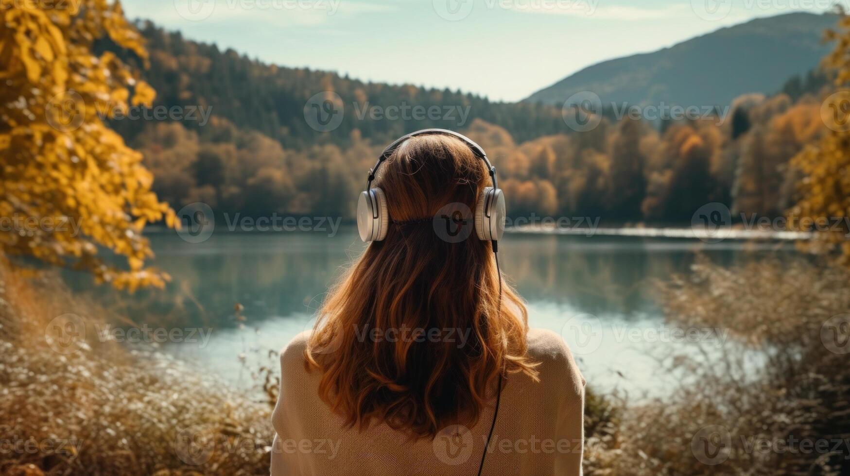 AI generated Music therapy, harmony, mental health concept. Pretty young woman enjoying music with headphones outdoors. Woman wearing headphones enjoying music and good vibes photo