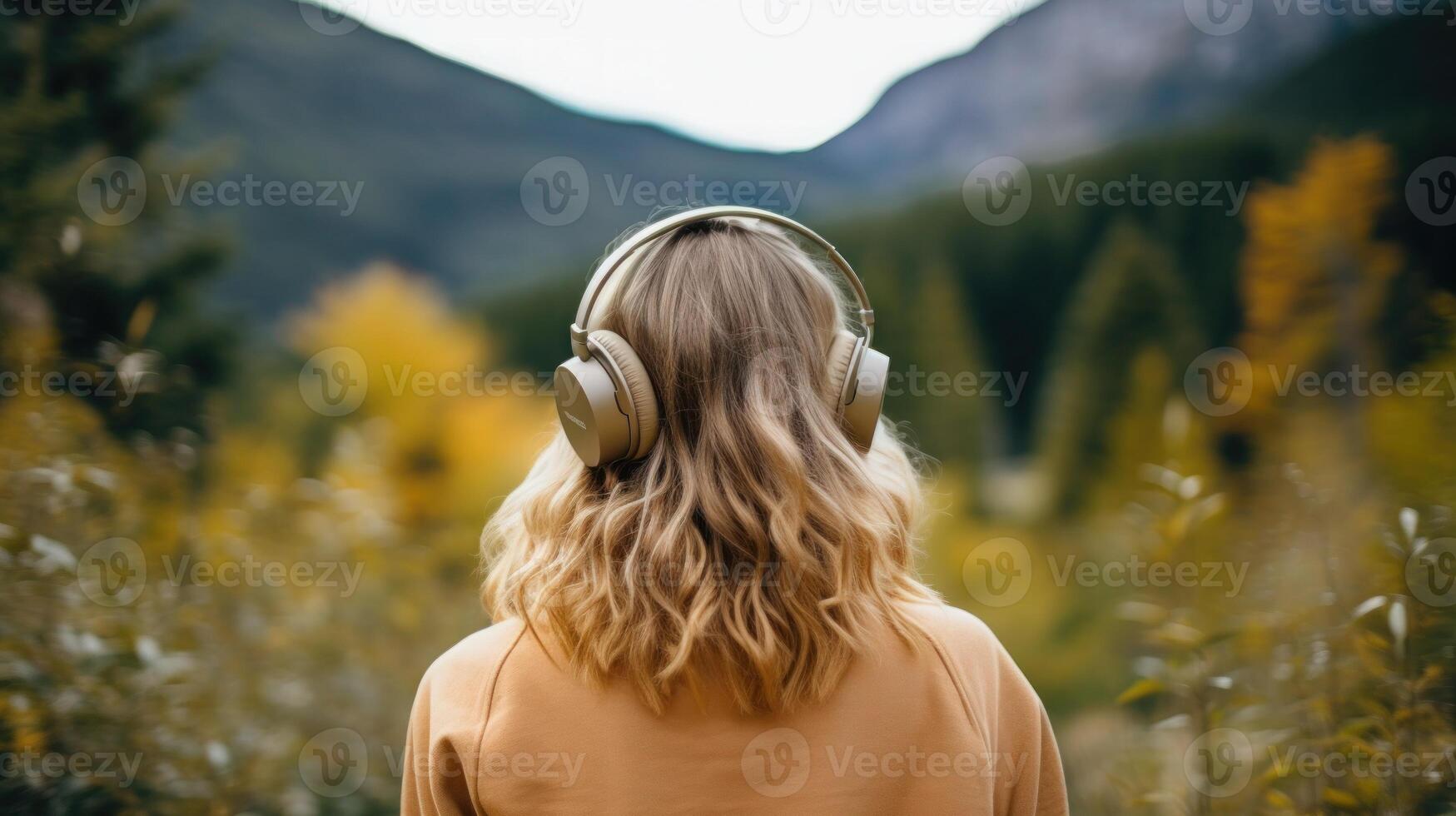 AI generated Music therapy, harmony, mental health concept. Pretty young woman enjoying music with headphones outdoors. Woman wearing headphones enjoying music and good vibes photo