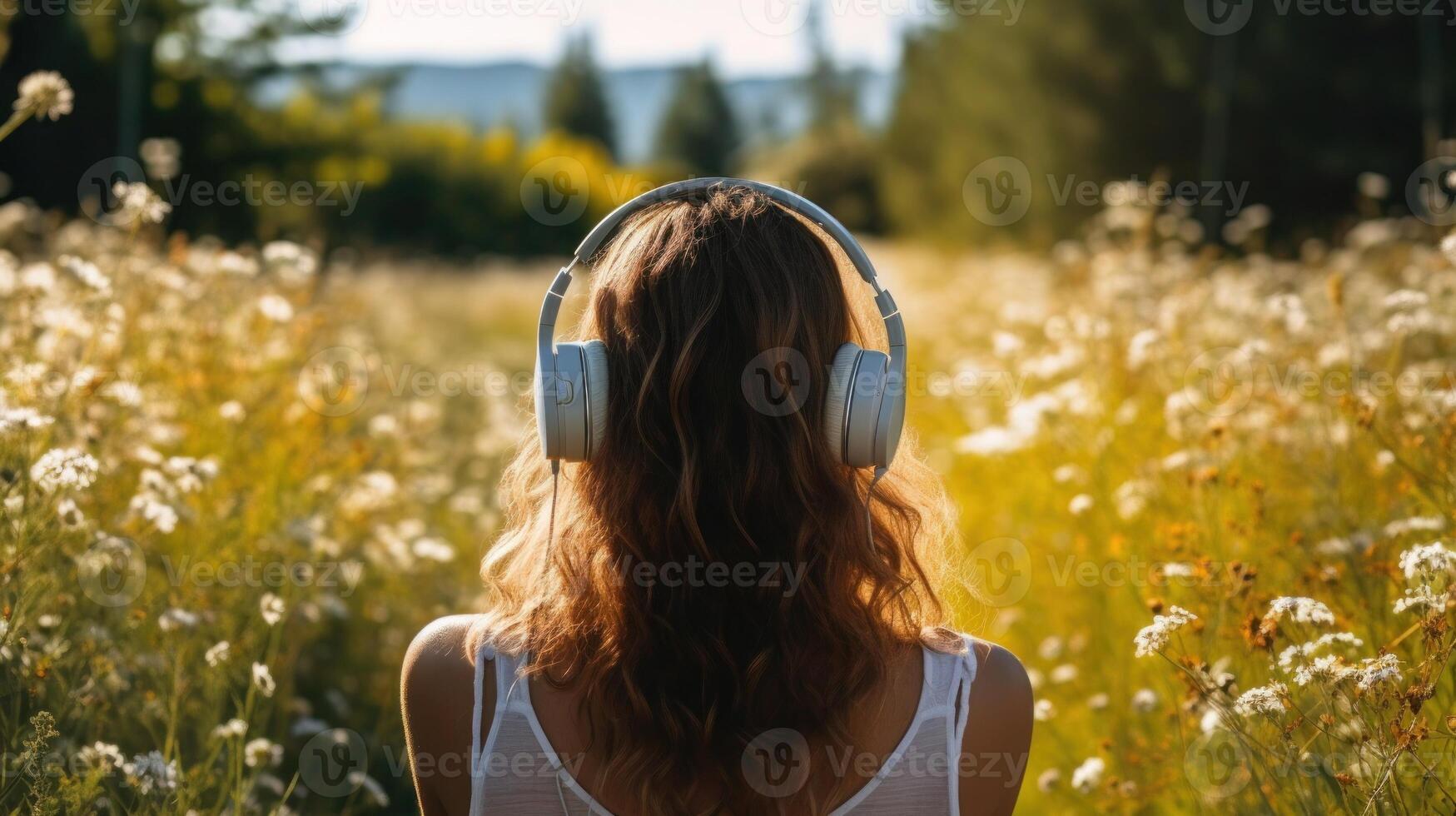 AI generated Music therapy, harmony, mental health concept. Pretty young woman enjoying music with headphones outdoors. Woman wearing headphones enjoying music and good vibes photo