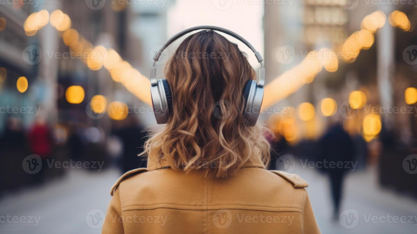 AI generated Music therapy, harmony, mental health concept. Pretty young woman enjoying music with headphones outdoors. Woman wearing headphones enjoying music and good vibes photo