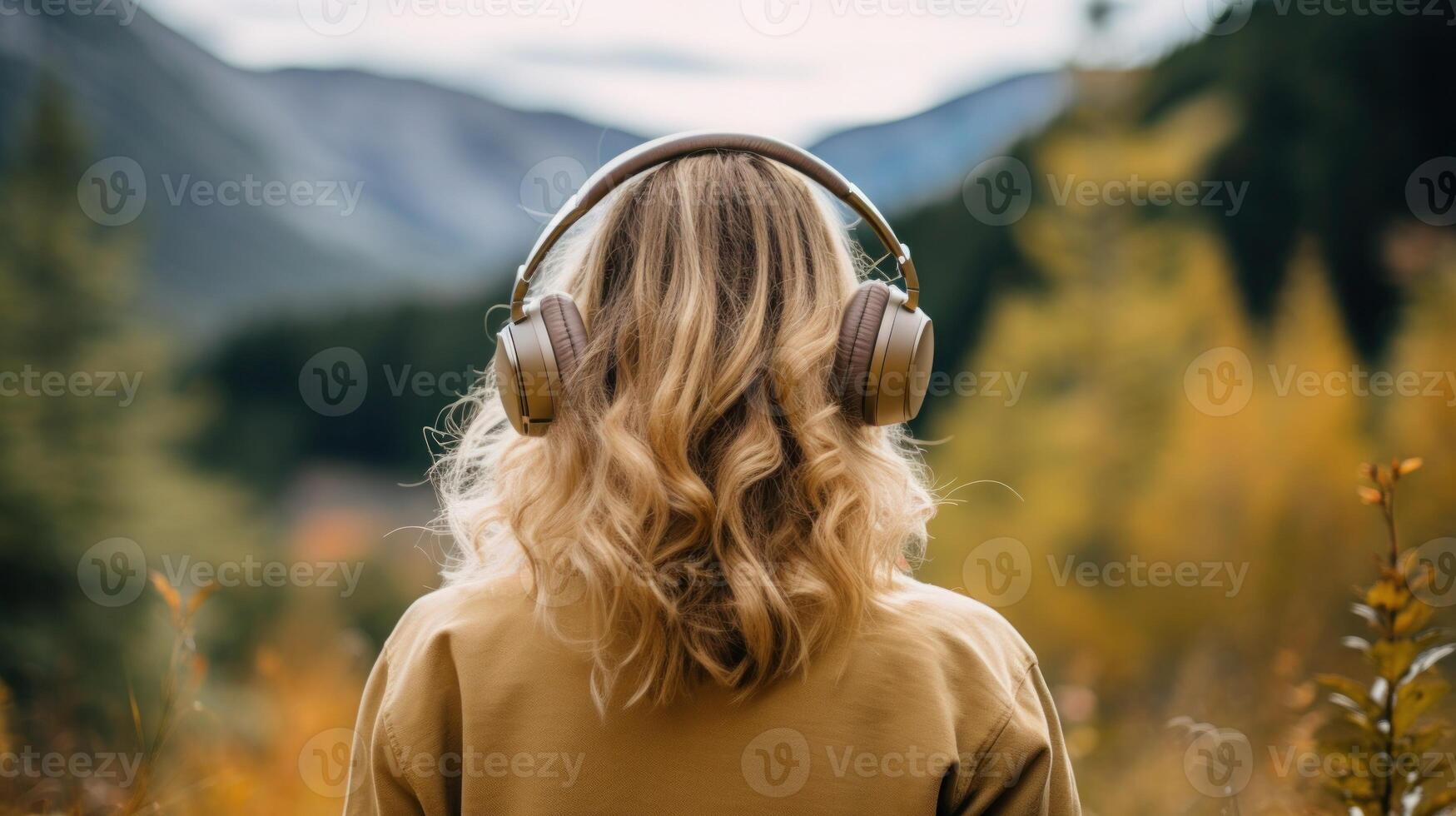 AI generated Music therapy, harmony, mental health concept. Pretty young woman enjoying music with headphones outdoors. Woman wearing headphones enjoying music and good vibes photo