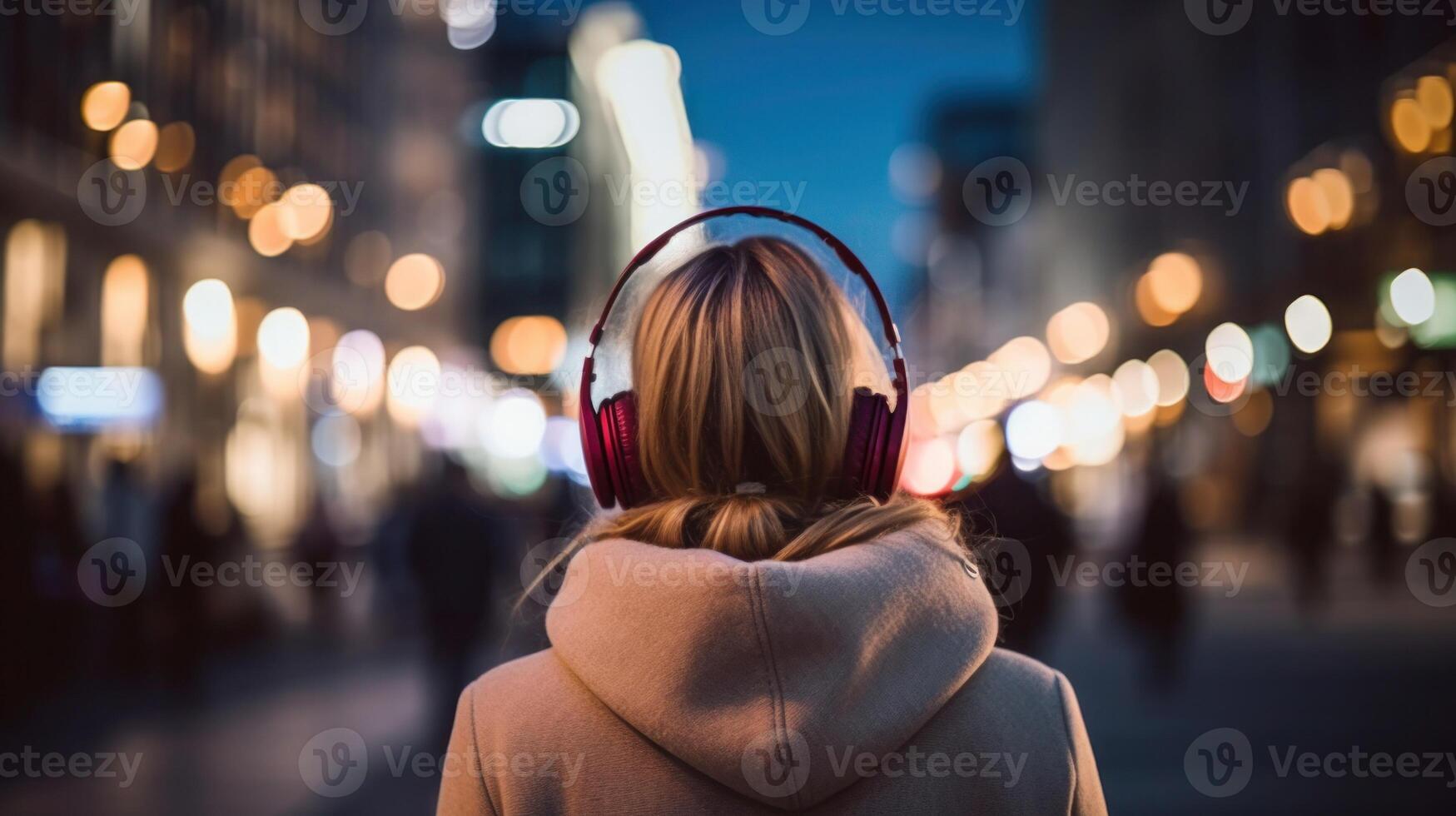 AI generated Music therapy, harmony, mental health concept. Pretty young woman enjoying music with headphones outdoors. Woman wearing headphones enjoying music and good vibes photo