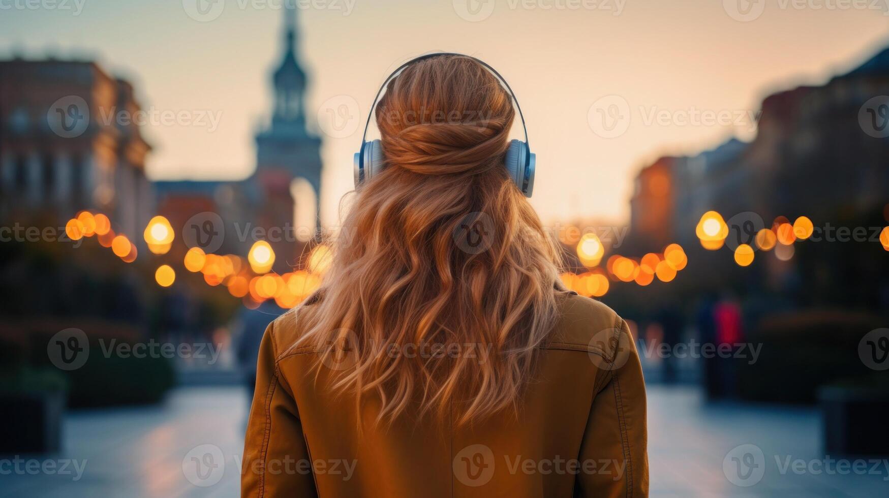 AI generated Music therapy, harmony, mental health concept. Pretty young woman enjoying music with headphones outdoors. Woman wearing headphones enjoying music and good vibes photo