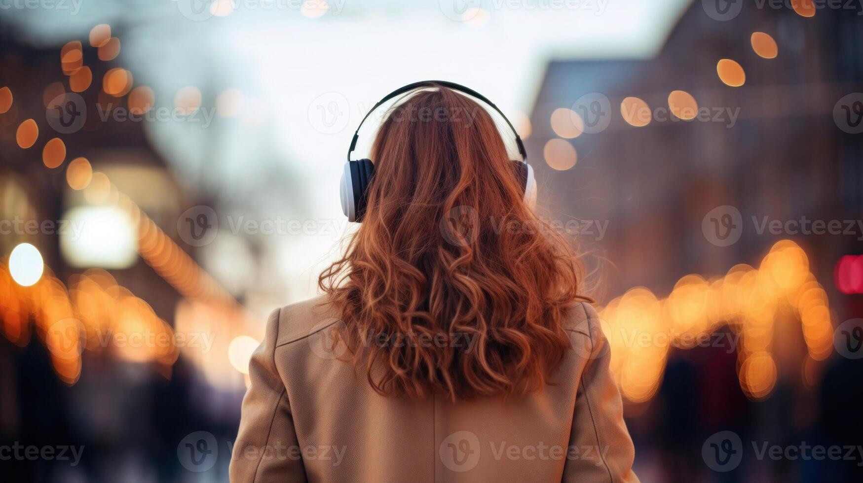 AI generated Music therapy, harmony, mental health concept. Pretty young woman enjoying music with headphones outdoors. Woman wearing headphones enjoying music and good vibes photo