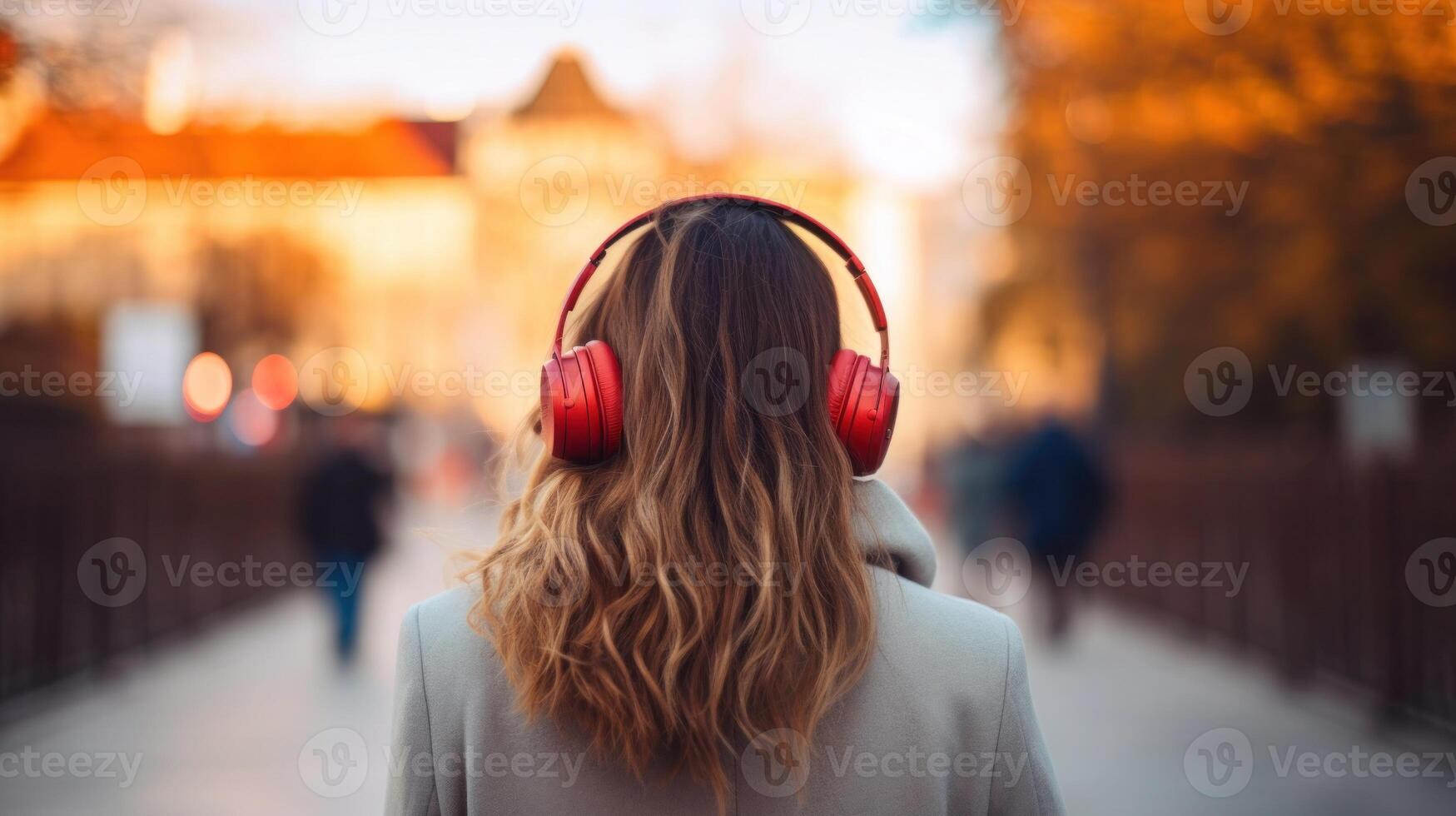 AI generated Music therapy, harmony, mental health concept. Pretty young woman enjoying music with headphones outdoors. Woman wearing headphones enjoying music and good vibes photo