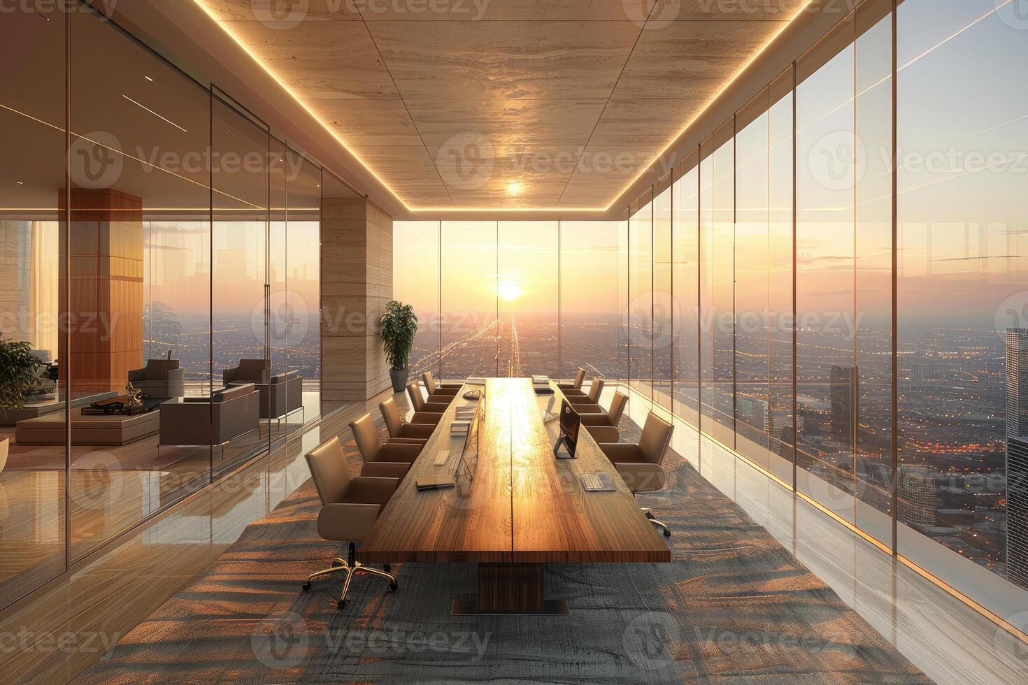 AI generated office room with beautiful skyline views professional photography photo