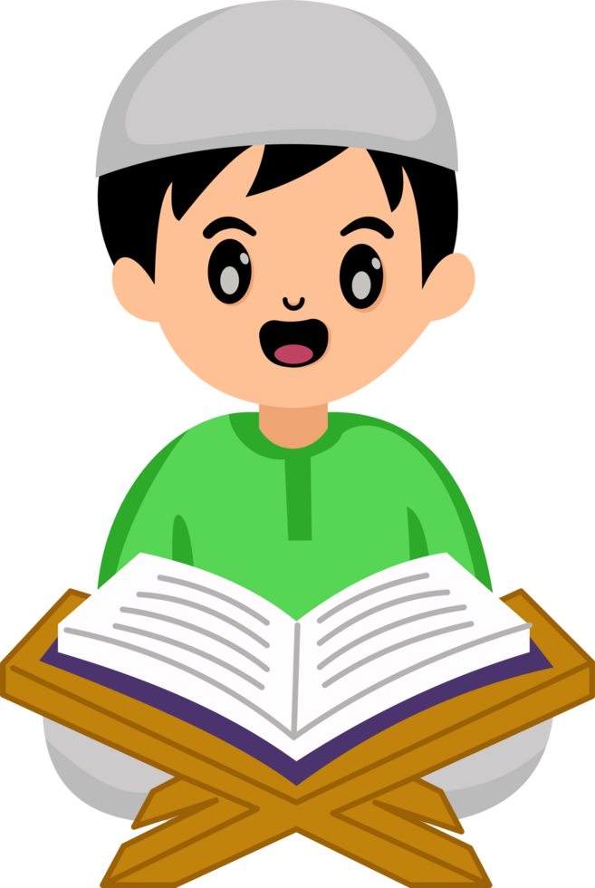 cute cartoon muslim kid boy reading holy Quran in month ramadan fasting png