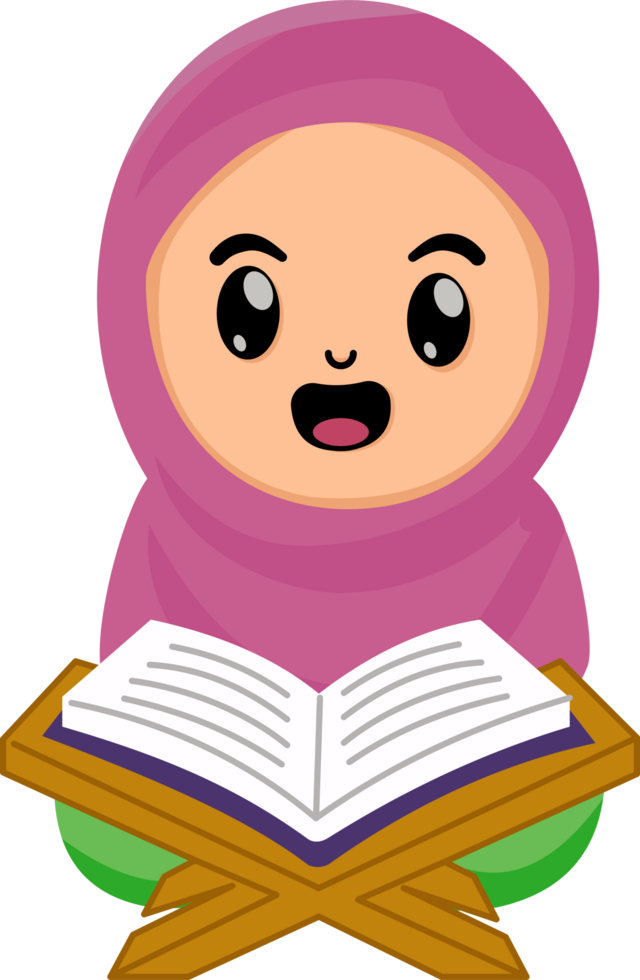 cute cartoon muslim girl reading holy Quran in month ramadan fasting png