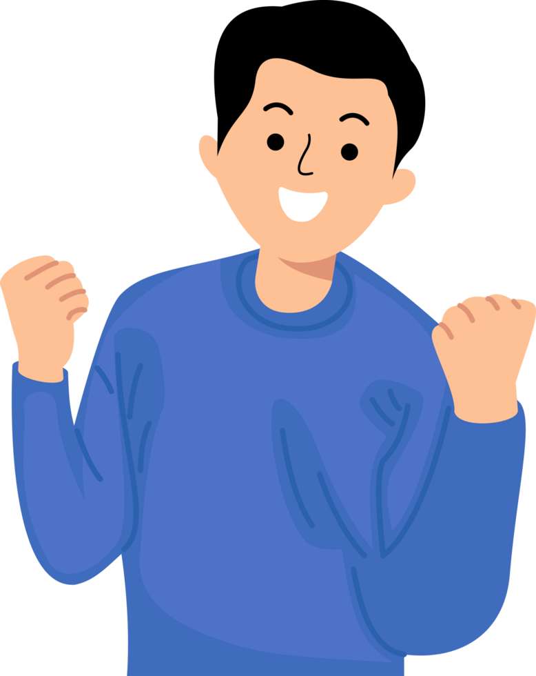 man very happy and doing winner gesture with arms raised for success celebration png