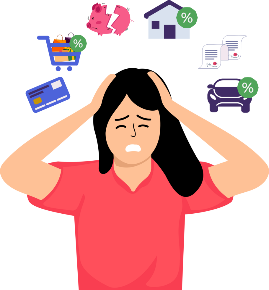 flat design cartoon woman who is dizzy with various bills png