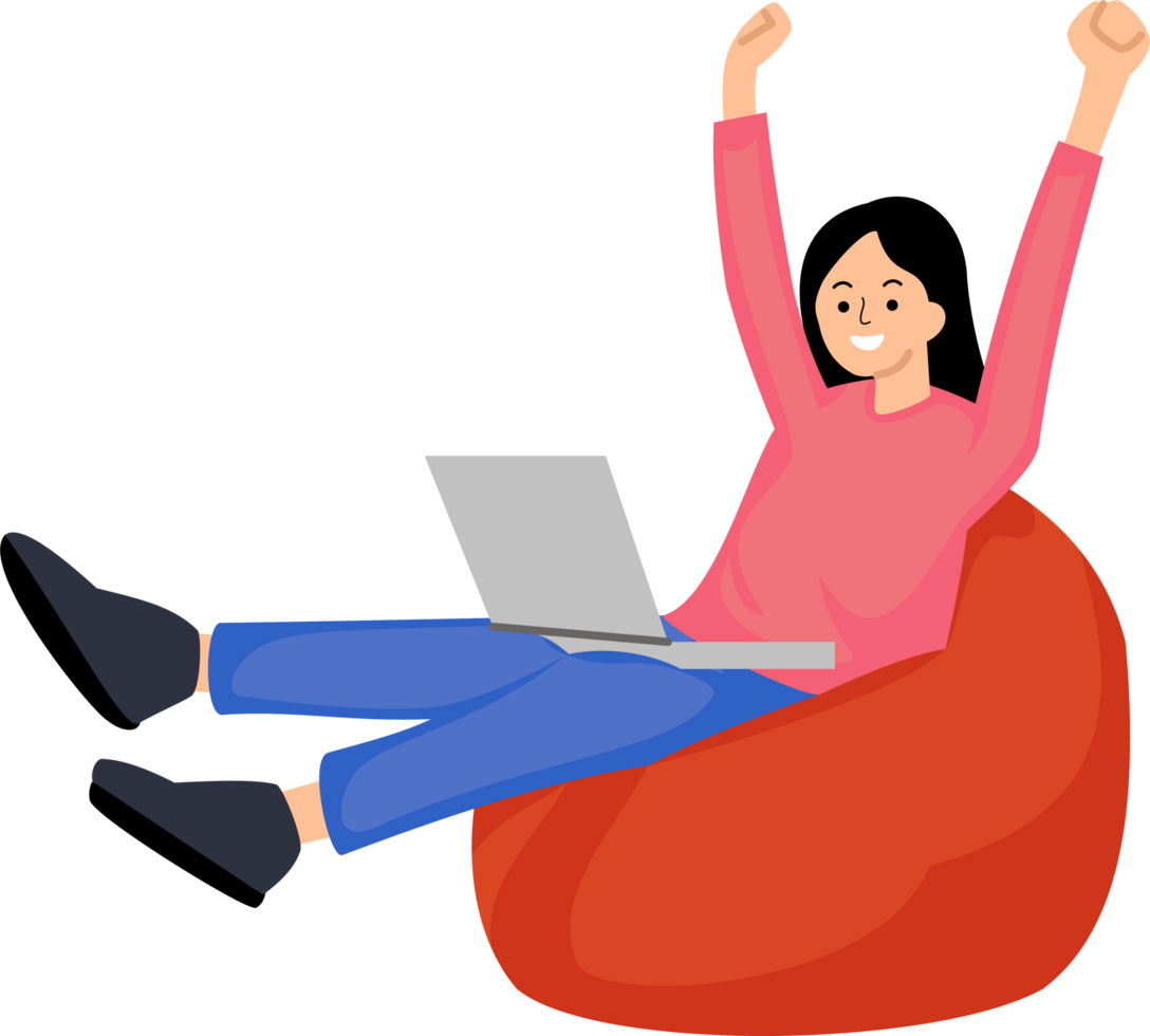 young smiling happy woman sit in chair with outstretched hands finish job hold use laptop png