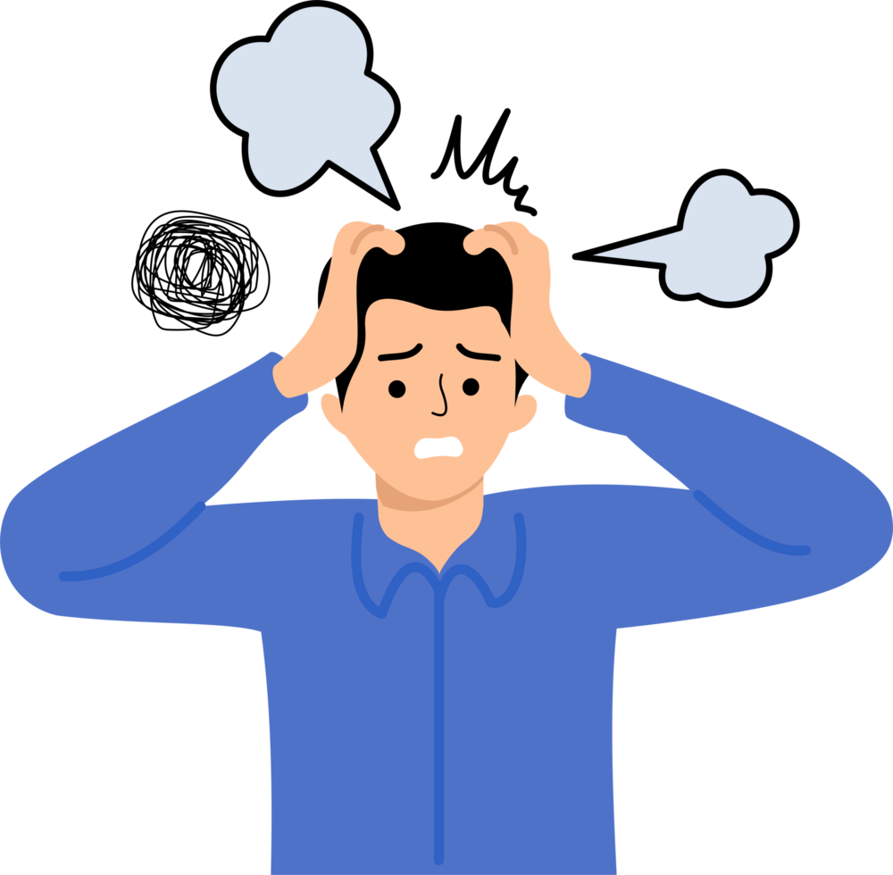 Exhausted businessman with chaos in head or Tired emotional man struggle with stress and overwork png