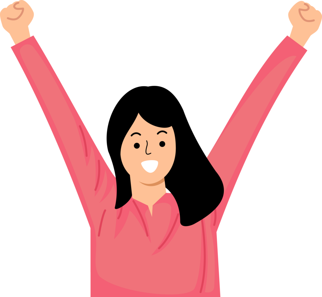 happy young woman celebrating winning with hand up gesture png