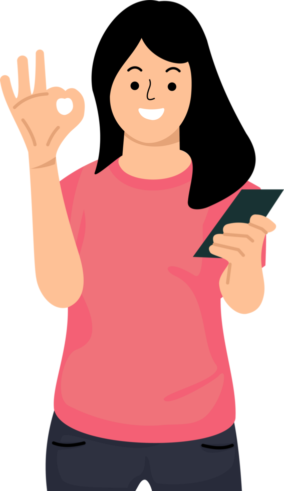 mujer en línea compras con móvil teléfono y demostración Okay firmar o mujer participación teléfono inteligente y demostración Okay firmar png