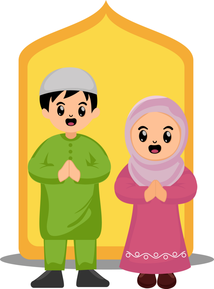 cute cartoon muslim boy and girl greeting happy eid celebration png