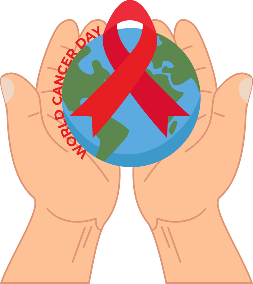 mundo Câncer dia poster com vermelho fita e globo para respeito para mundo Câncer dia png