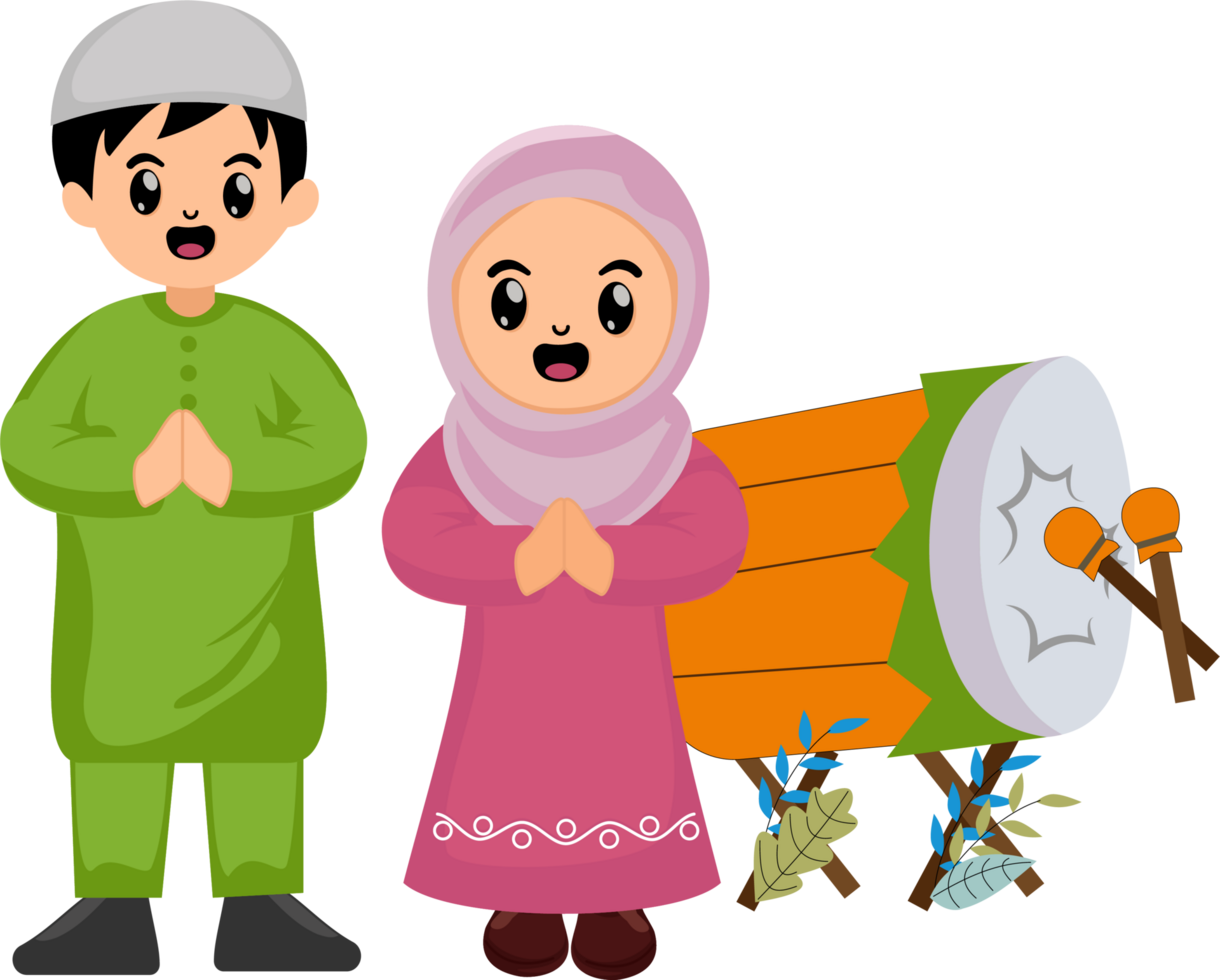 illustration cute cartoon boy and girl muslim celebrating happy eid al fitr mubarak with percussion png