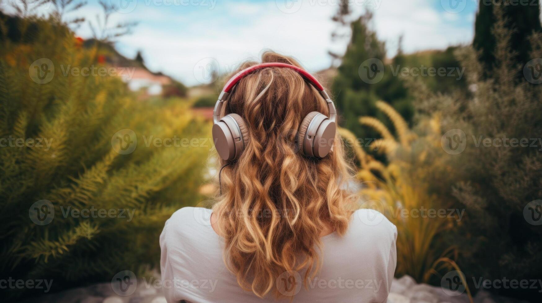 AI generated Music therapy, harmony, mental health concept. Pretty young woman enjoying music with headphones outdoors. Woman wearing headphones enjoying music and good vibes photo