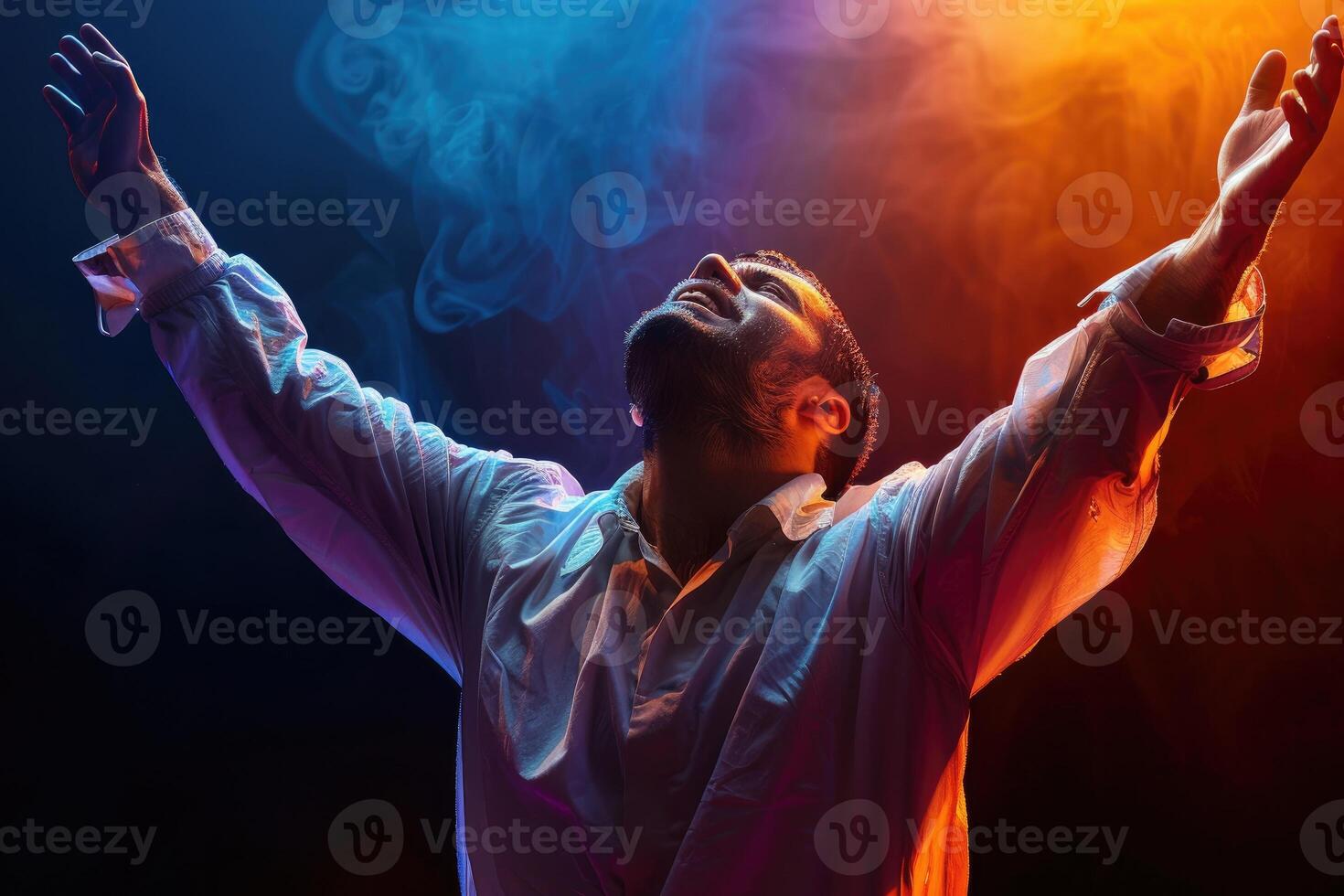 AI generated A Christian man praying to God crying and emotional with his arms raised photo