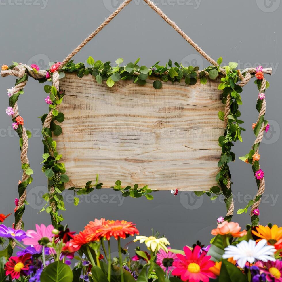 AI generated A handmade wooden sign hung by vine ropes and surrounded by colorful flowers photo