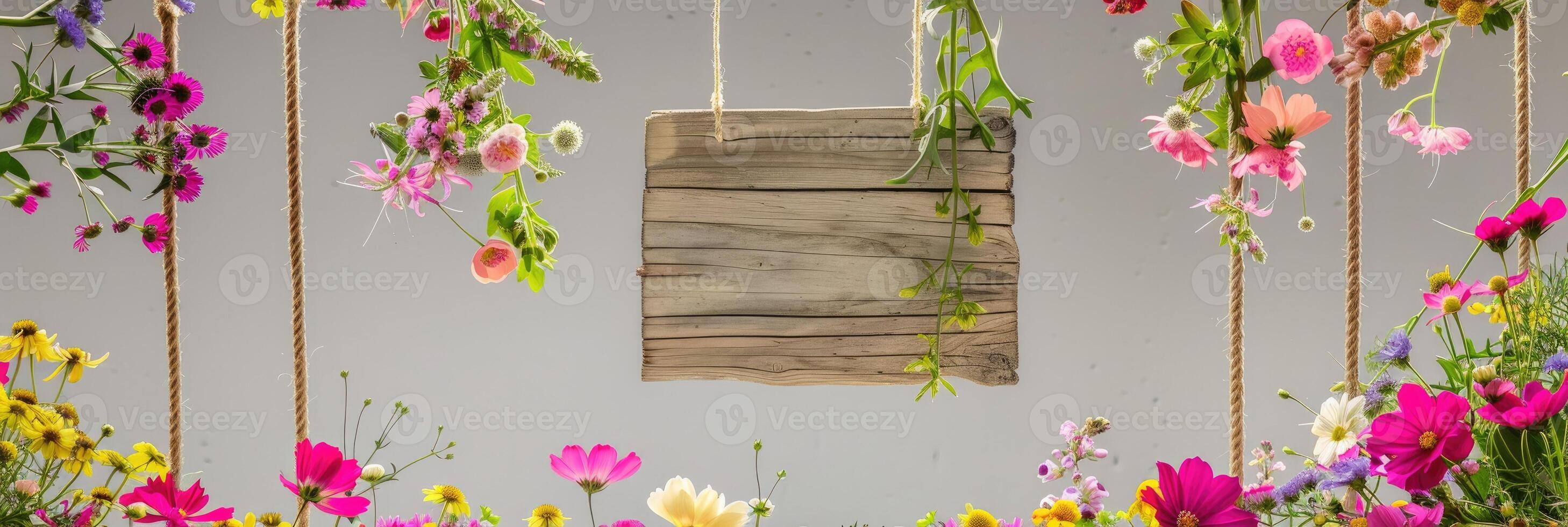 AI generated A handmade wooden sign hung by vine ropes and surrounded by colorful flowers photo