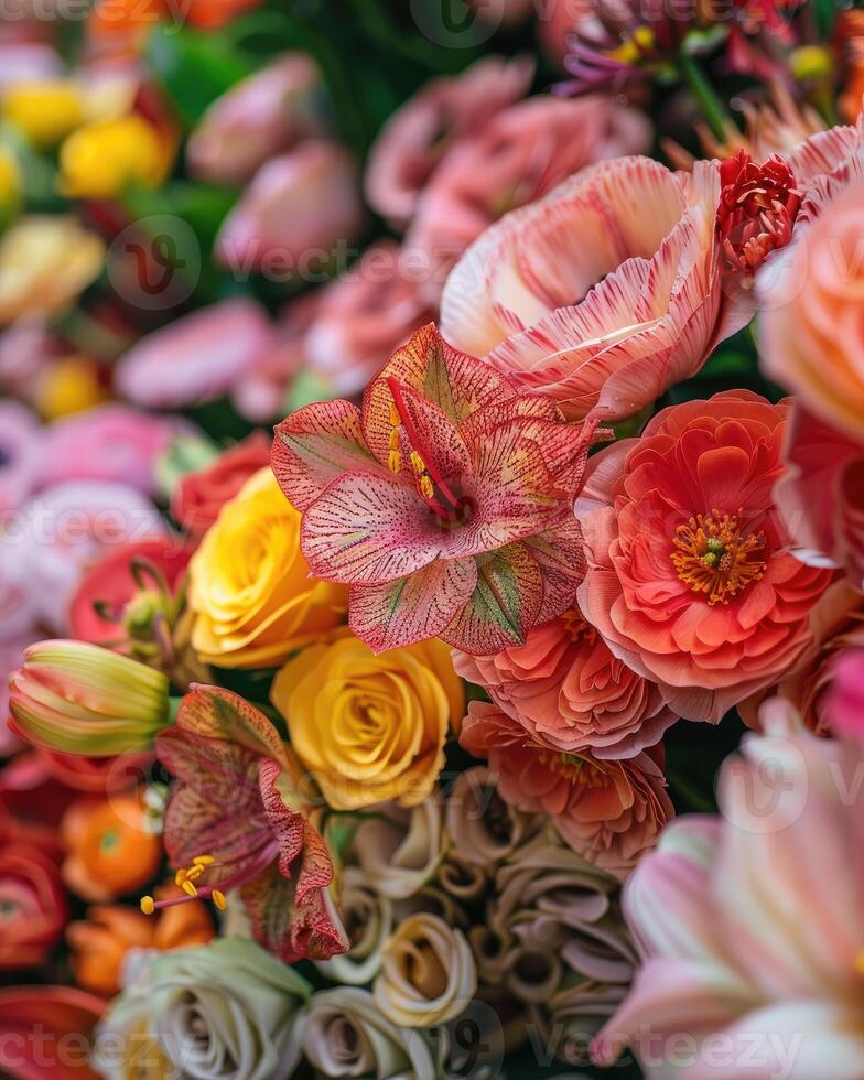 AI generated bouquet of fresh colorful flowers on display photo
