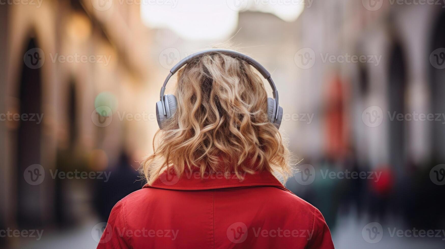 ai generado música terapia, armonía, mental salud concepto. bonito joven mujer disfrutando música con auriculares al aire libre. mujer vistiendo auriculares disfrutando música y bueno vibraciones foto