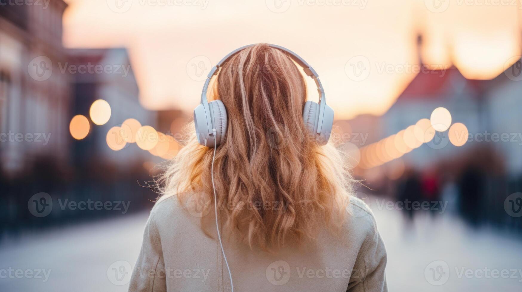 ai generado música terapia, armonía, mental salud concepto. bonito joven mujer disfrutando música con auriculares al aire libre. mujer vistiendo auriculares disfrutando música y bueno vibraciones foto