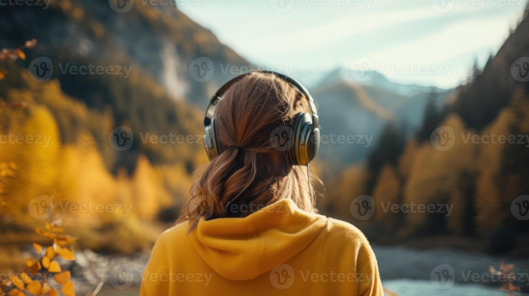 AI generated Music therapy, harmony, mental health concept. Pretty young woman enjoying music with headphones outdoors. Woman wearing headphones enjoying music and good vibes photo