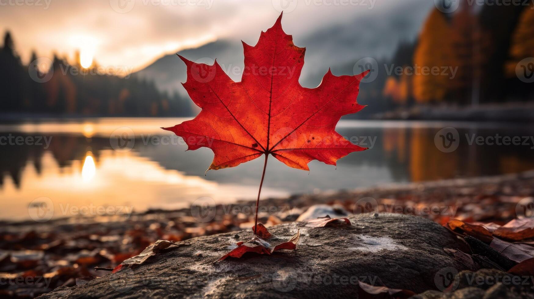 AI generated One vivid autumn colorful maple leaf in red and yellow colors. leaf color dry park close illustration forest autumn, natural season, outdoor garden leaf color dry park close photo