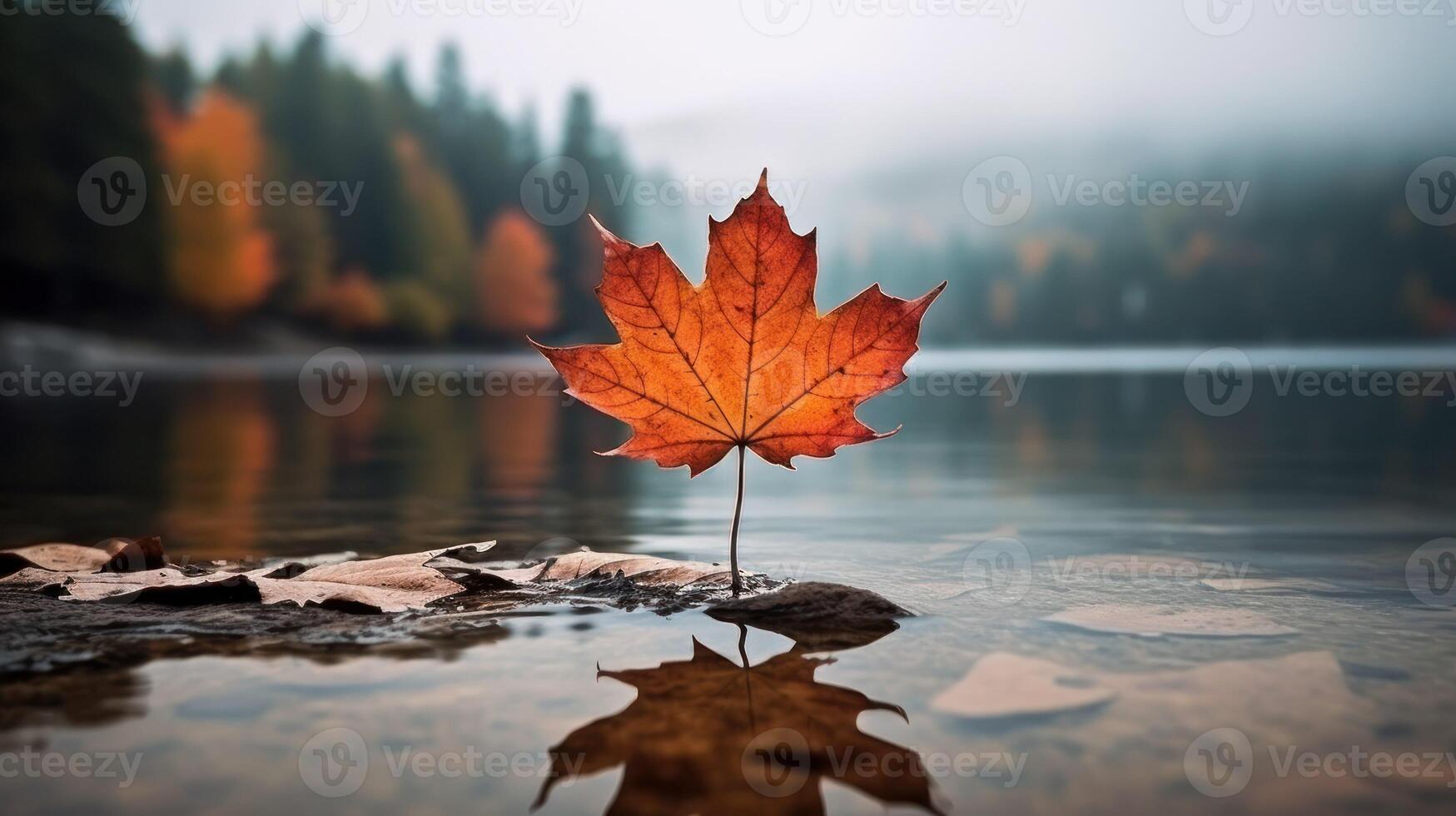 AI generated One vivid autumn colorful maple leaf in red and yellow colors. leaf color dry park close illustration forest autumn, natural season, outdoor garden leaf color dry park close photo