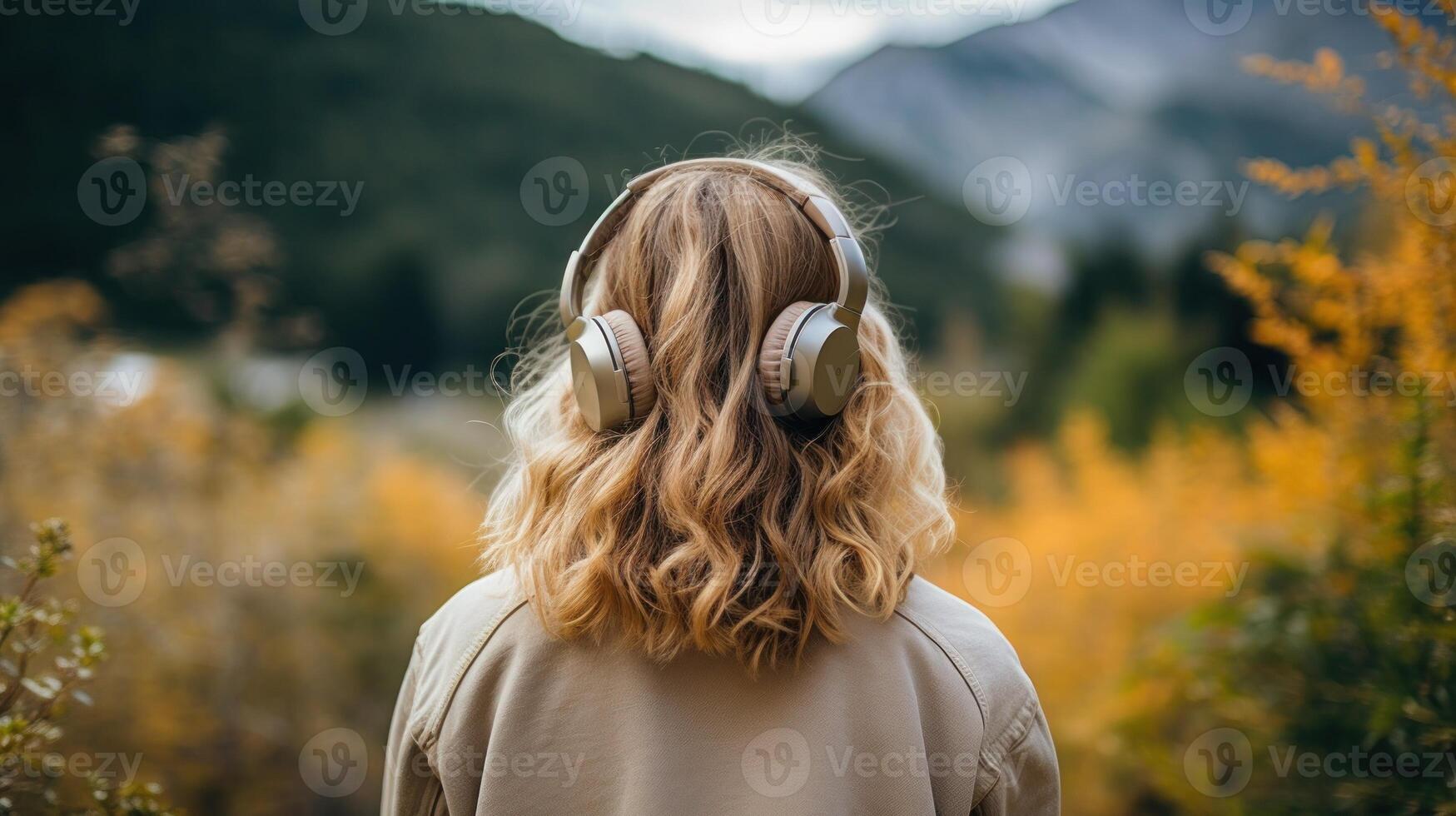 AI generated Music therapy, harmony, mental health concept. Pretty young woman enjoying music with headphones outdoors. Woman wearing headphones enjoying music and good vibes photo