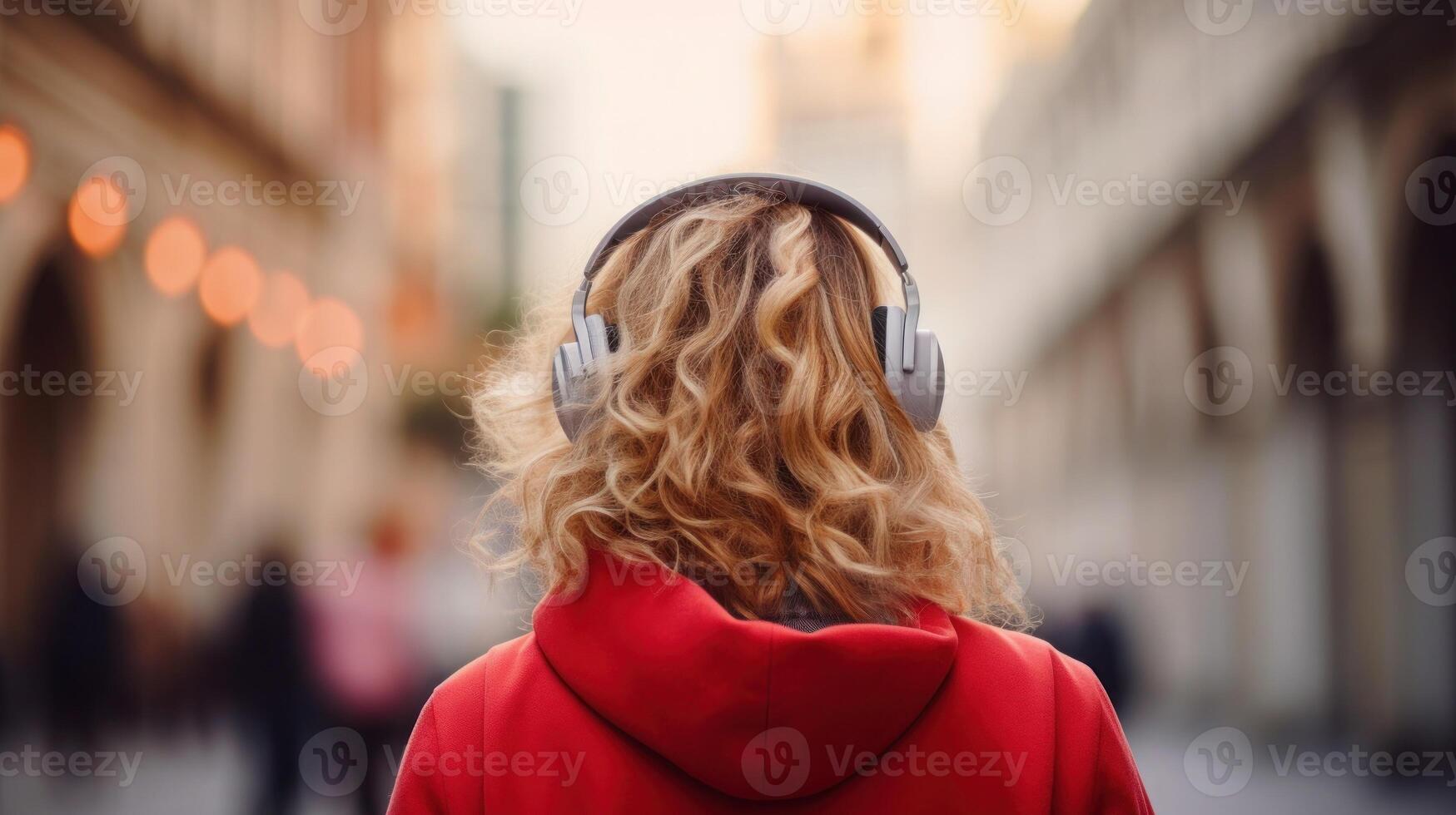 AI generated Music therapy, harmony, mental health concept. Pretty young woman enjoying music with headphones outdoors. Woman wearing headphones enjoying music and good vibes photo