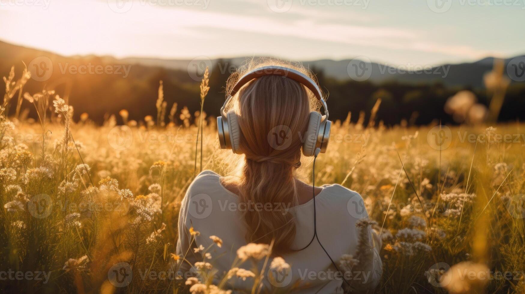 AI generated Music therapy, harmony, mental health concept. Pretty young woman enjoying music with headphones outdoors. Woman wearing headphones enjoying music and good vibes photo