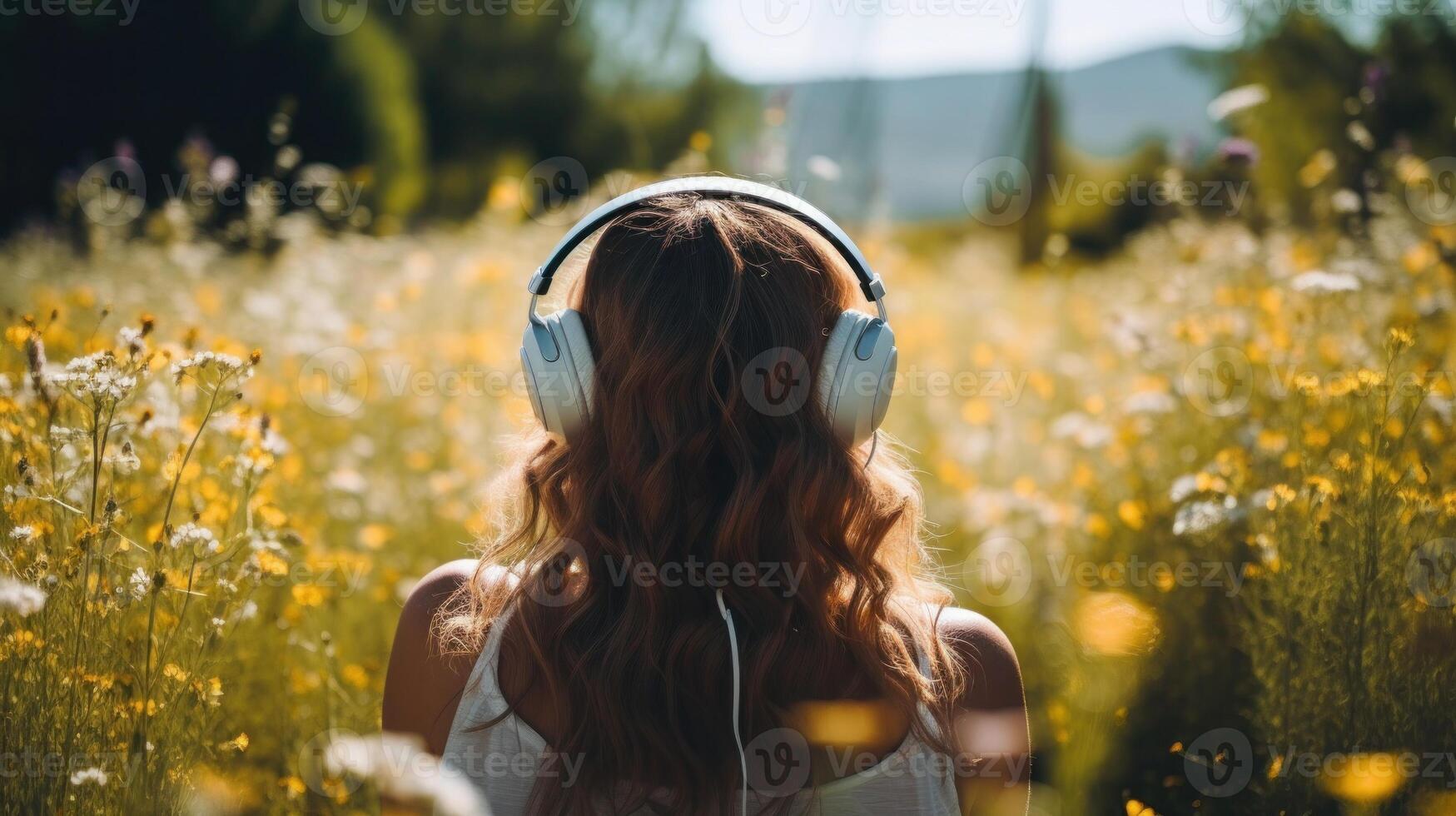 AI generated Music therapy, harmony, mental health concept. Pretty young woman enjoying music with headphones outdoors. Woman wearing headphones enjoying music and good vibes photo