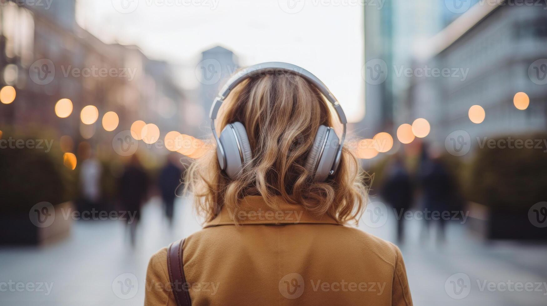 AI generated Music therapy, harmony, mental health concept. Pretty young woman enjoying music with headphones outdoors. Woman wearing headphones enjoying music and good vibes photo