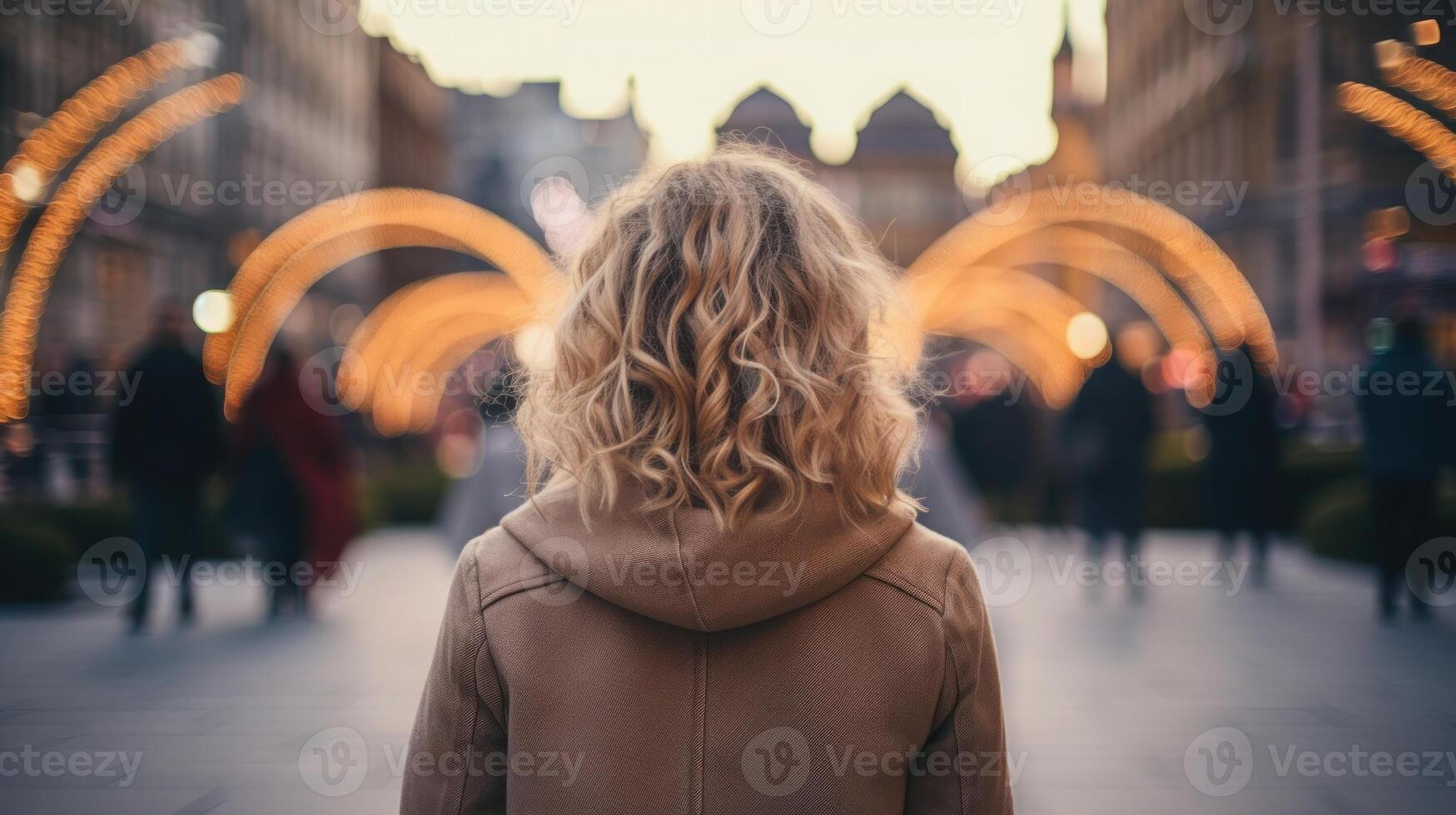 AI generated Music therapy, harmony, mental health concept. Pretty young woman enjoying music with headphones outdoors. Woman wearing headphones enjoying music and good vibes photo