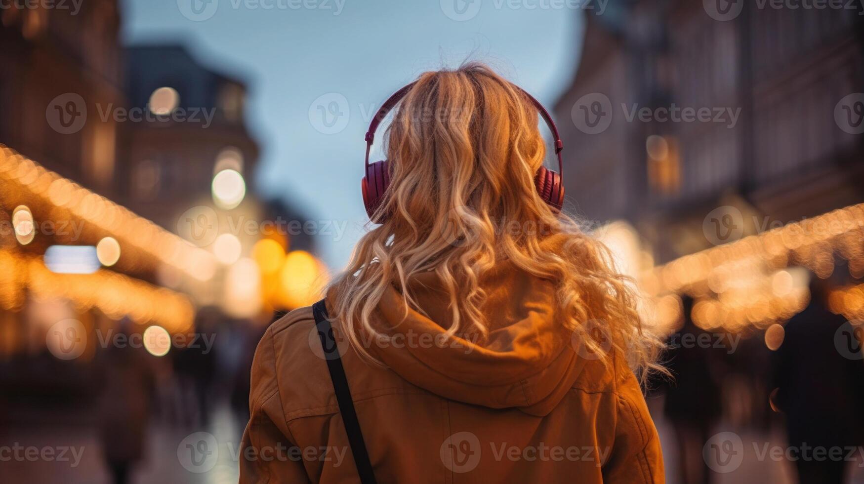 AI generated Music therapy, harmony, mental health concept. Pretty young woman enjoying music with headphones outdoors. Woman wearing headphones enjoying music and good vibes photo