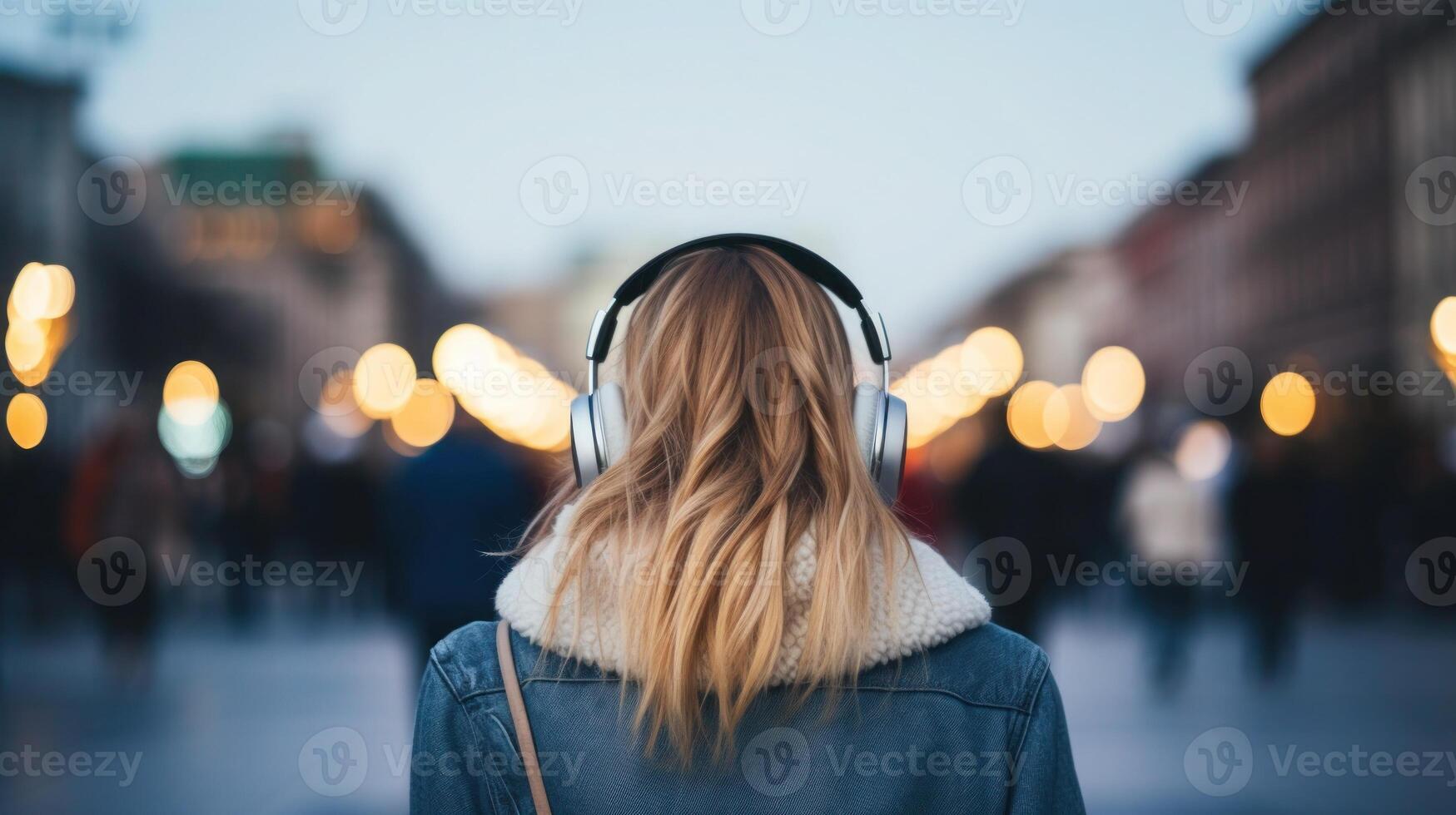 AI generated Music therapy, harmony, mental health concept. Pretty young woman enjoying music with headphones outdoors. Woman wearing headphones enjoying music and good vibes photo