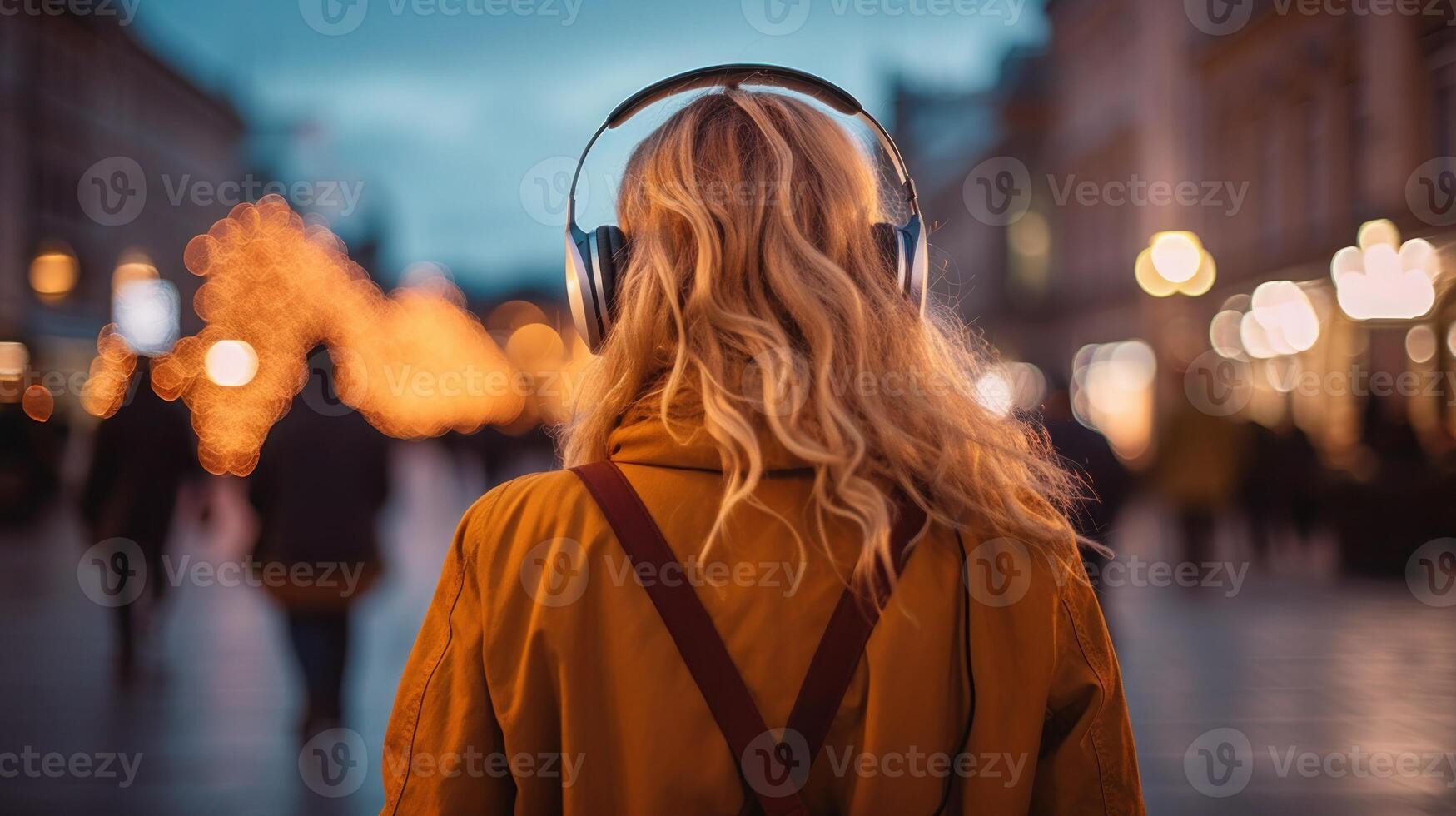 AI generated Music therapy, harmony, mental health concept. Pretty young woman enjoying music with headphones outdoors. Woman wearing headphones enjoying music and good vibes photo