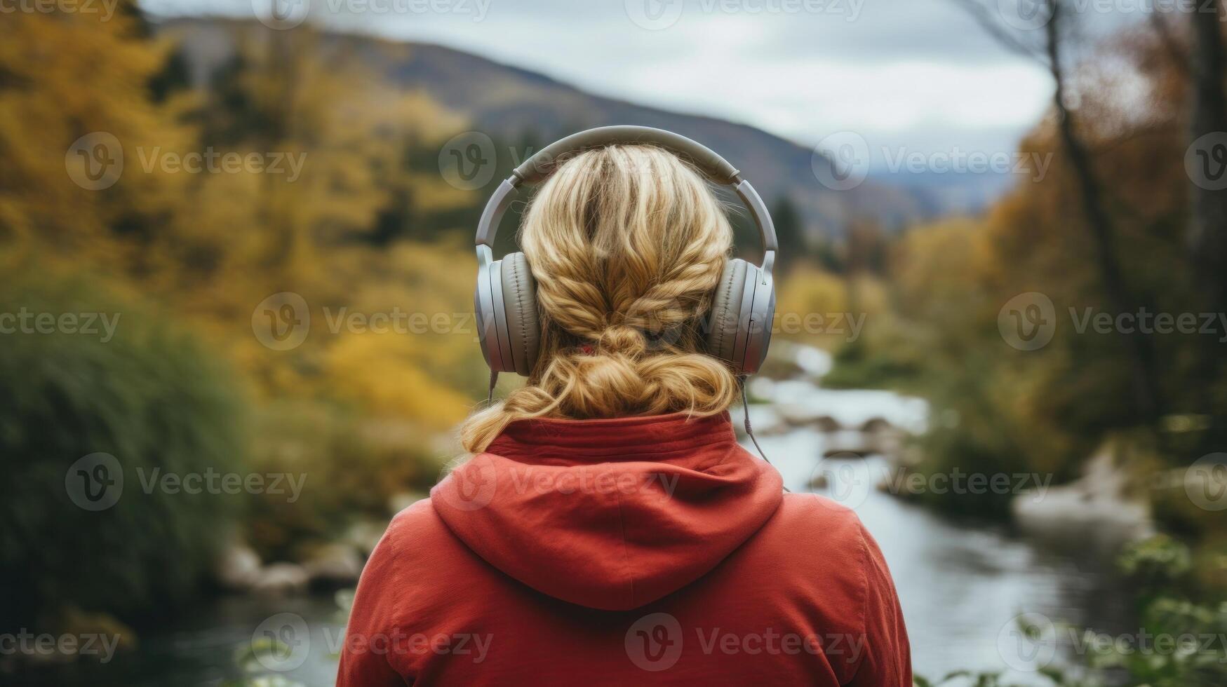 AI generated Music therapy, harmony, mental health concept. Pretty young woman enjoying music with headphones outdoors. Woman wearing headphones enjoying music and good vibes photo