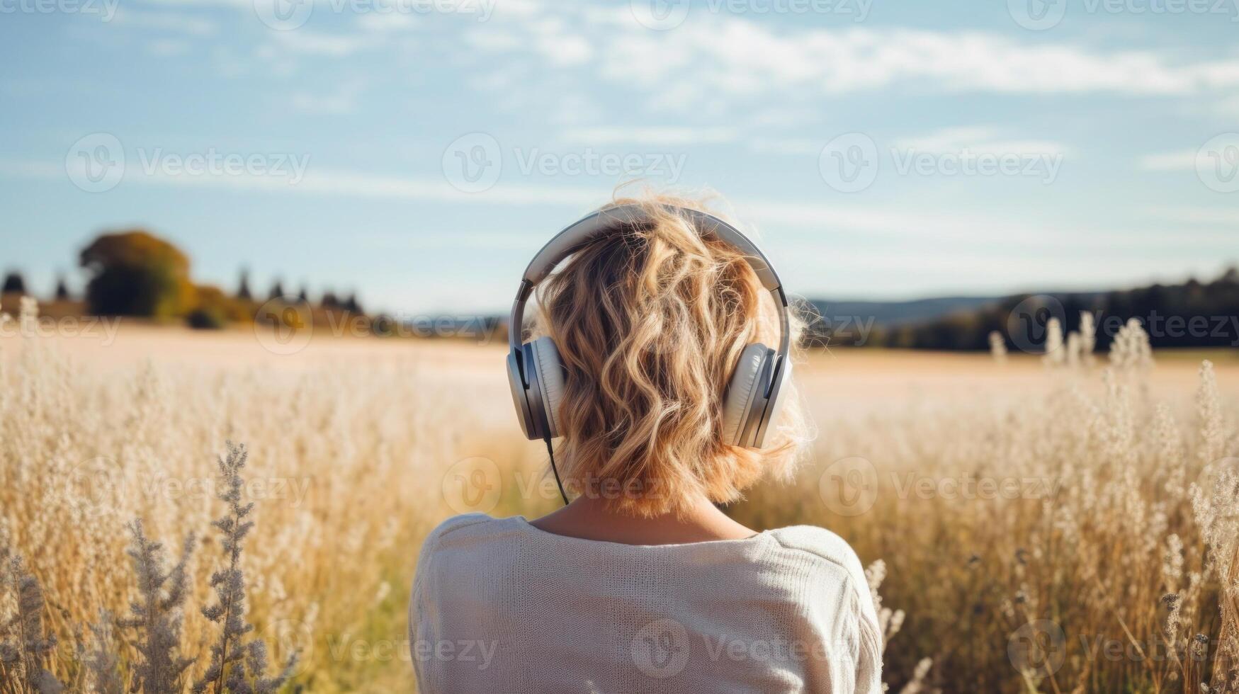 AI generated Music therapy, harmony, mental health concept. Pretty young woman enjoying music with headphones outdoors. Woman wearing headphones enjoying music and good vibes photo